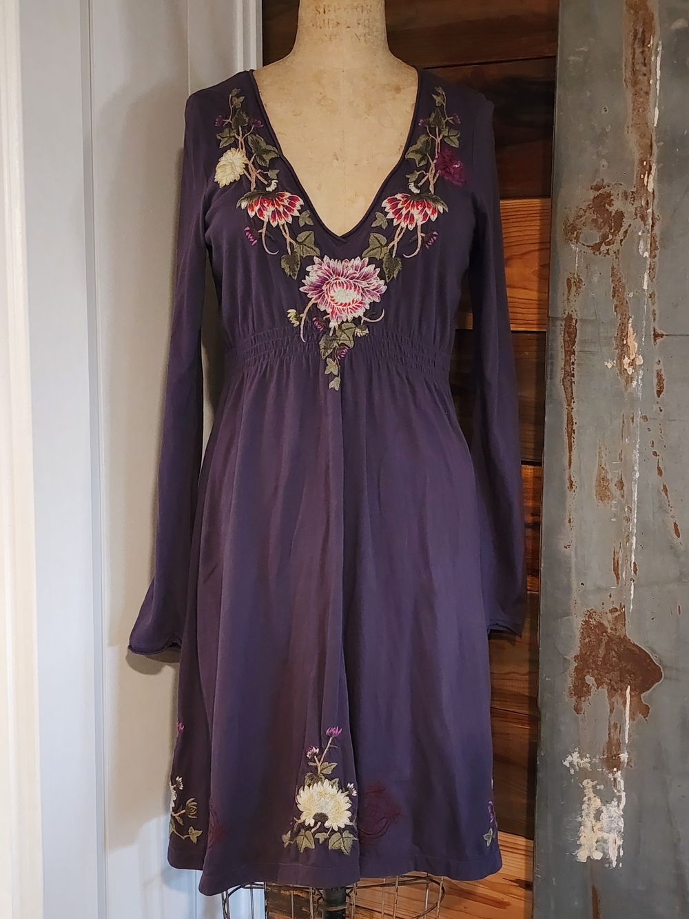 Johnny Was Plum Long-Sleeve Embroidered V-Neck Dress